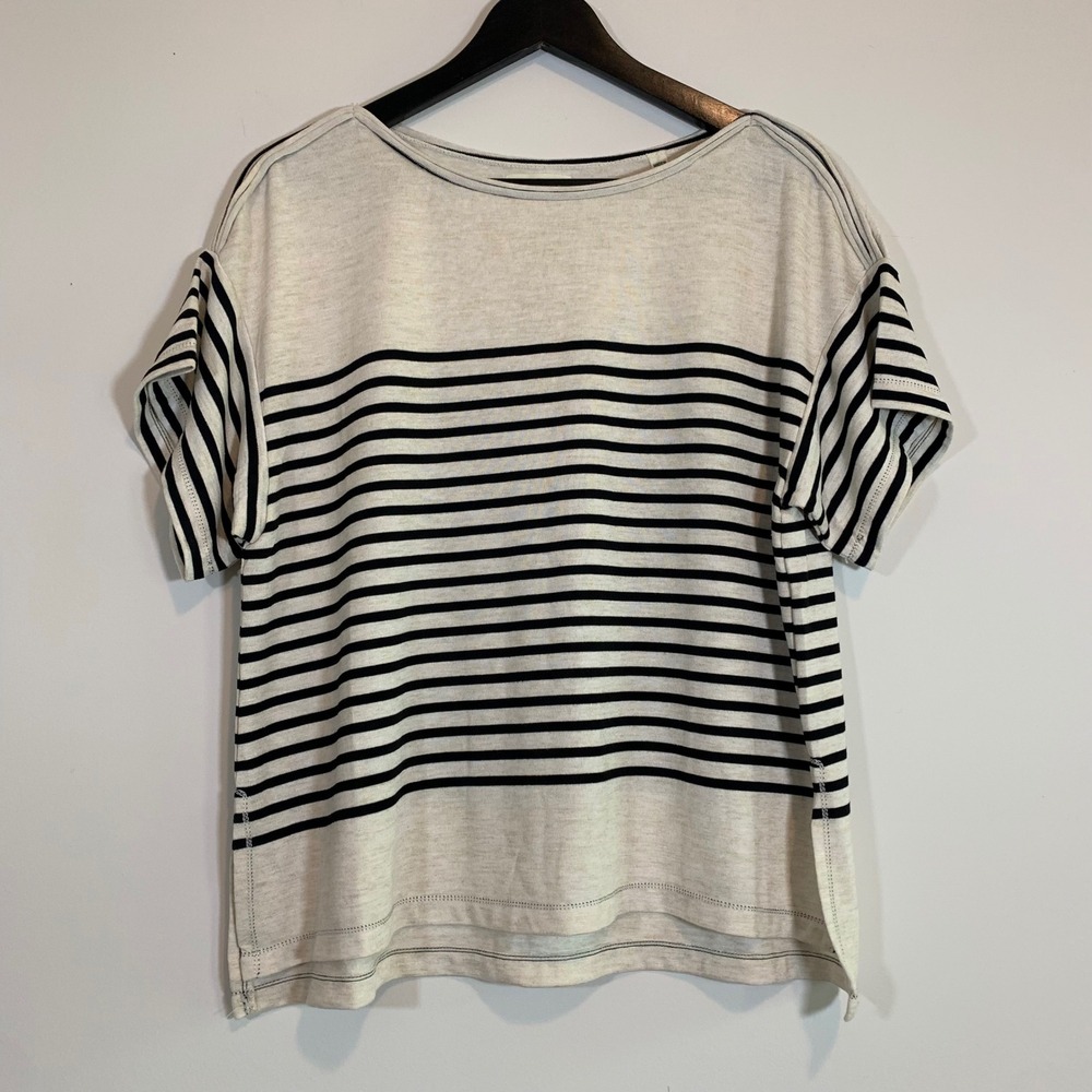 Max‎ Studio Oversized Black Oatmeal Striped Short Sleeve Boat Neck Knit Top XS